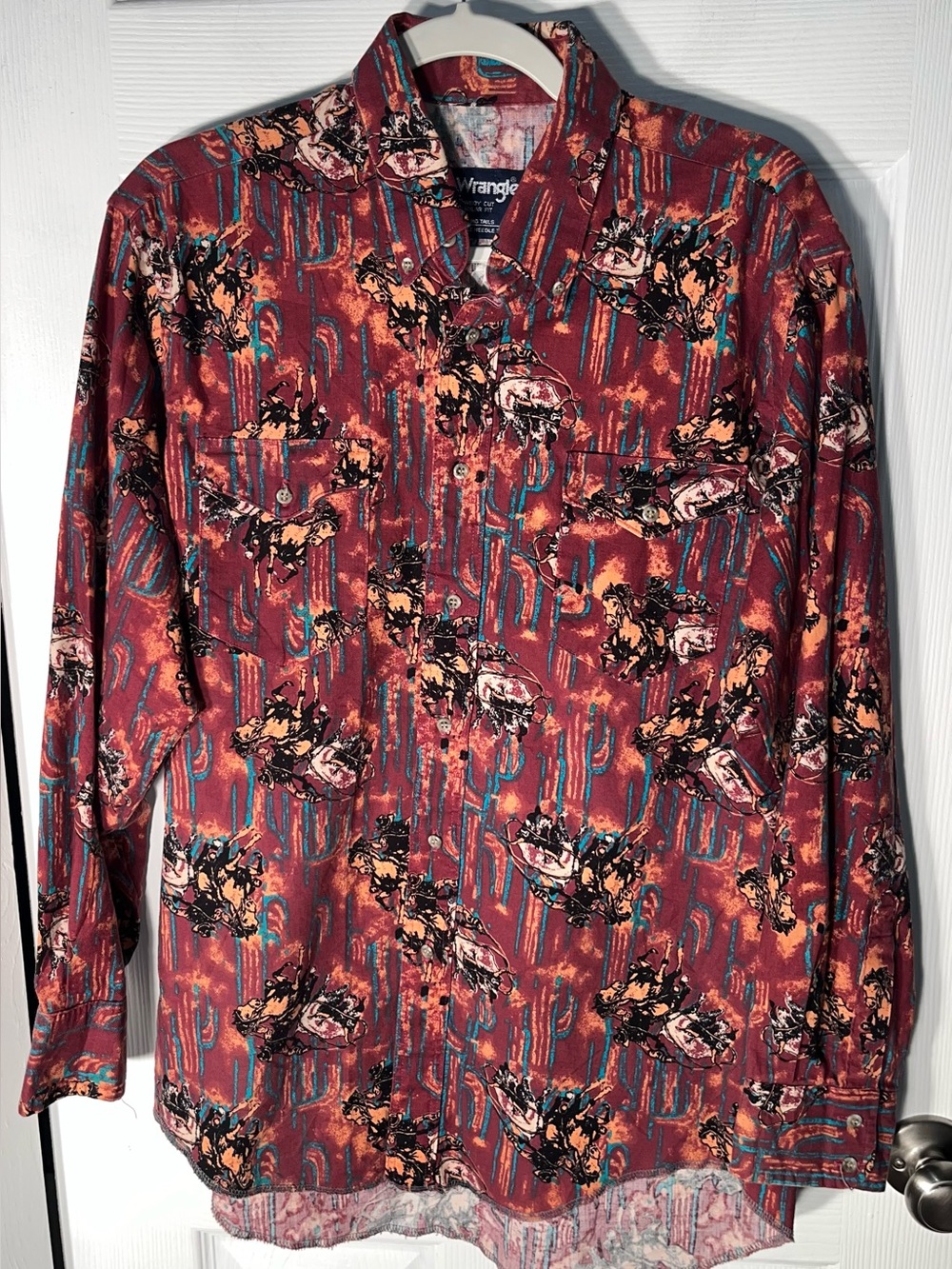 Vintage Men’s Wrangler Western Shirt Long Sleeve Pearl Snaps Cowboy Horse Print